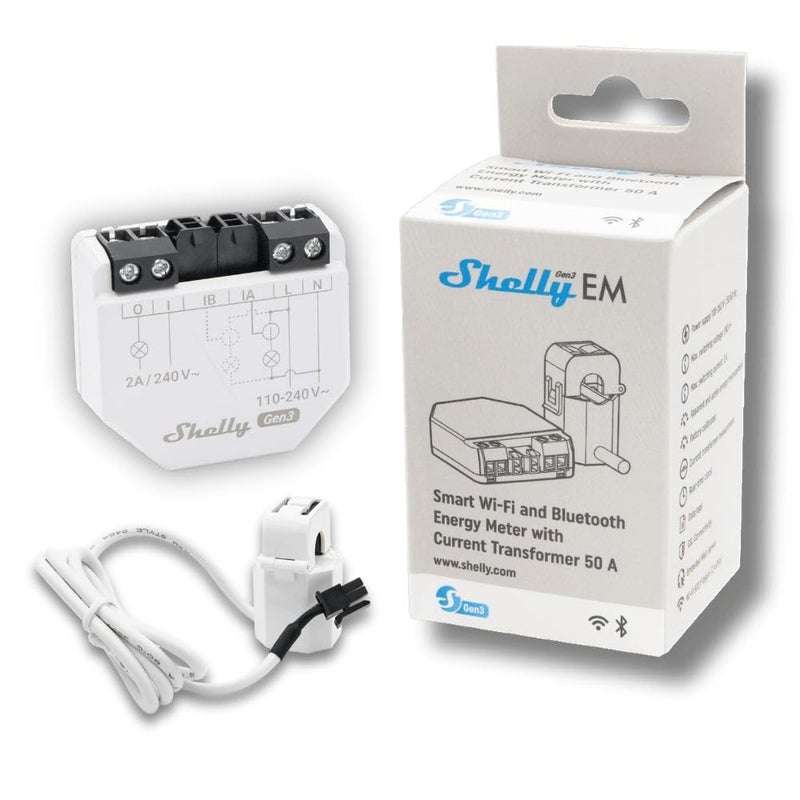 Shelly EM Gen3 + 50A مشبك | عداد طاقة ذكي يعمل بالواي فاي ومرحّل تحكم في التلامس | أتمتة | متوافق مع أليكسا، مساعد المنزل وجوجل هوم | تطبيق iOS أندرويد | لا حاجة إلى محور - Image 1